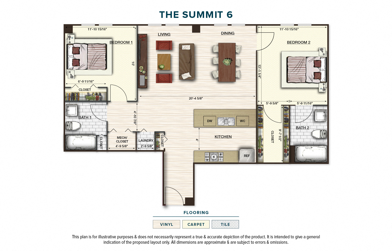 Floor plan for 2 beds, 2 baths, 1054 sqft